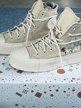Converse High Top Sneakers in Cream with Floral Embroidery